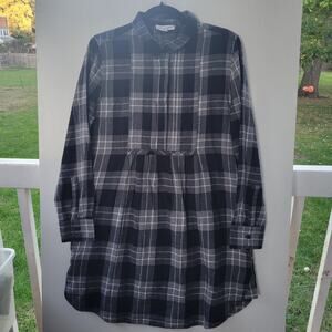Beach Lunch Lounge Black & White Plaid‎ Babydoll Dress M Flannel Long Sleeves